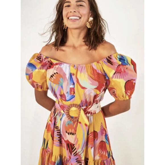 FARM RIO Neon Macaws Puff Sleeve Maxi Dress M Yellow Parrot Print Cotton Belted - Picture 2 of 12